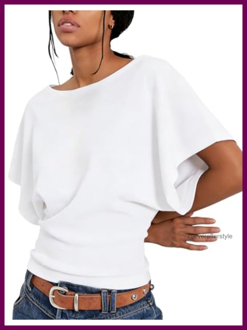 Boat Neck Batwing Top Cinched Waist Short Sleeve Loose Fit Y2K Tee